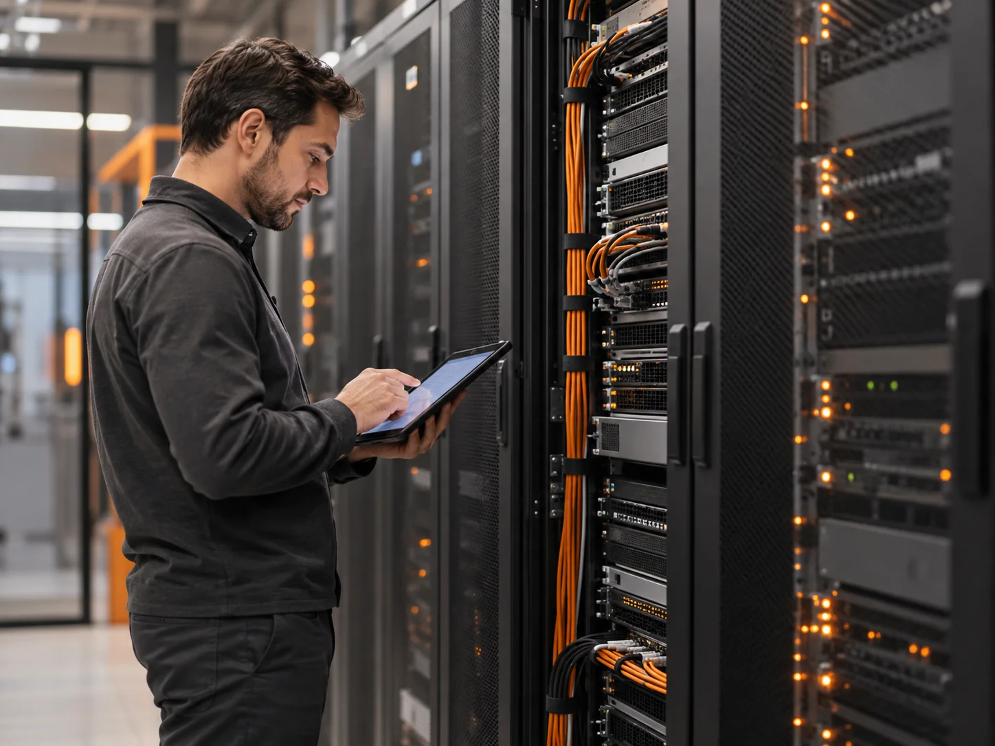 Profesional de tecnología revisando equipamiento en un centro de datos